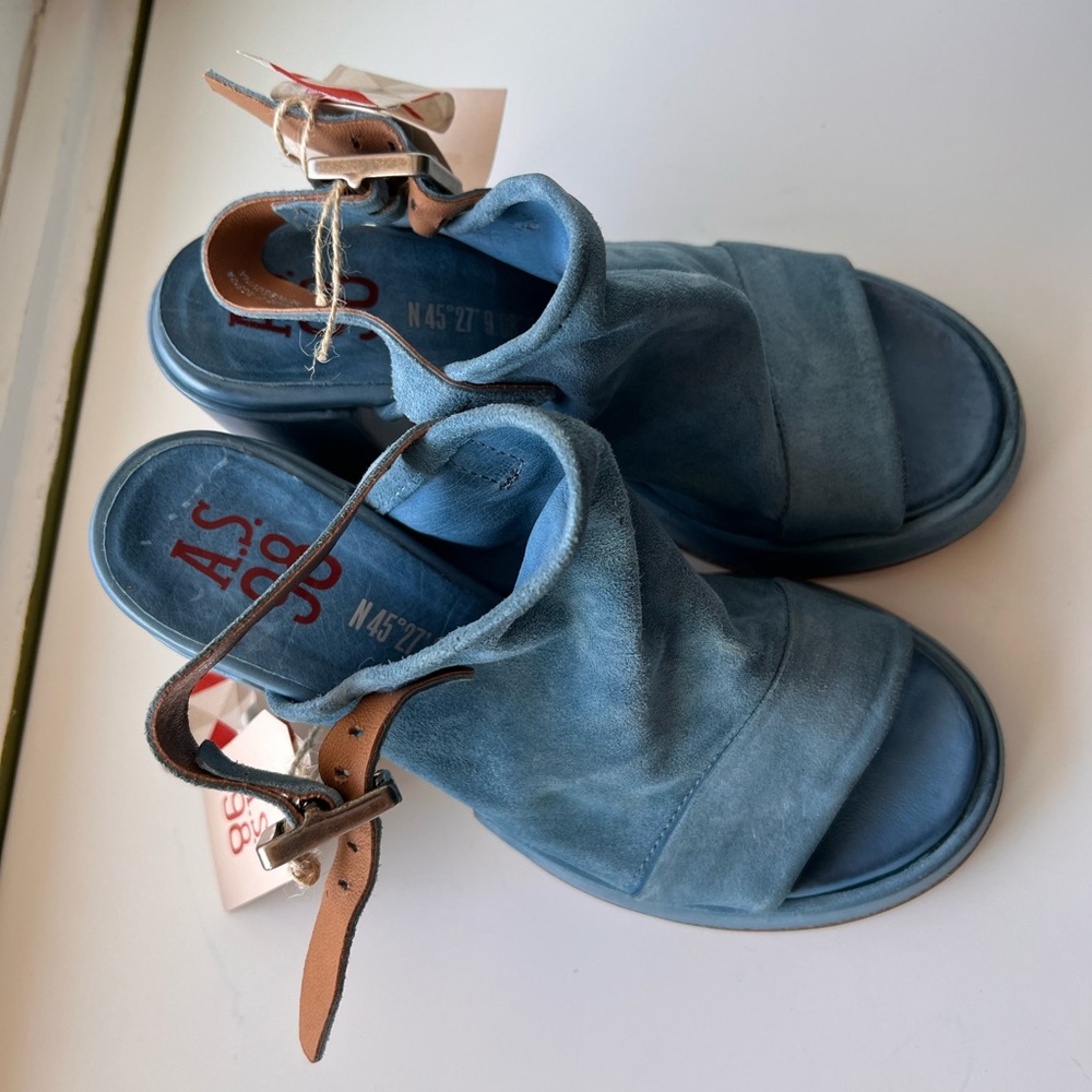 A.S.98 Blue Suede Chunky Heel Platform Sandals 37 7 - Picture 12 of 13
